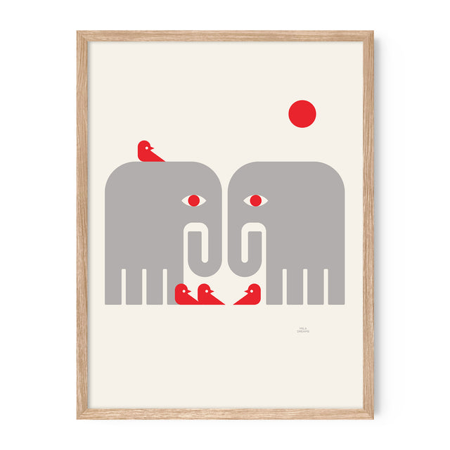 Gray Elephants and Birds