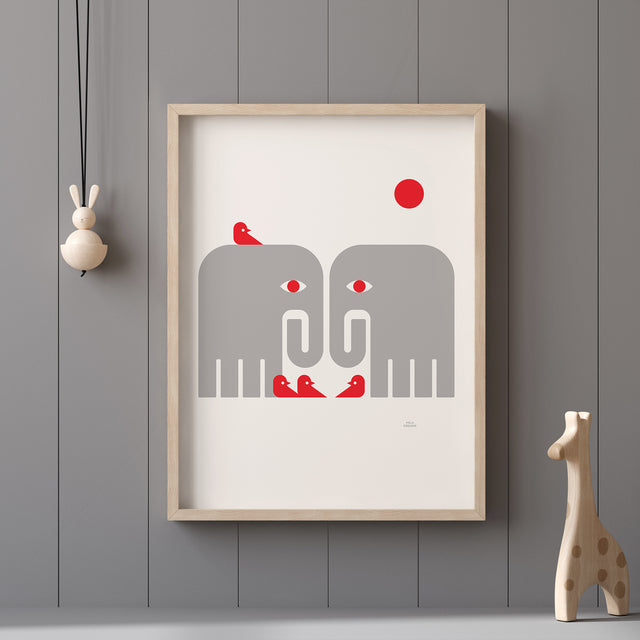 Gray Elephants and Birds