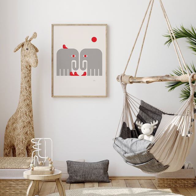 Gray Elephants and Birds