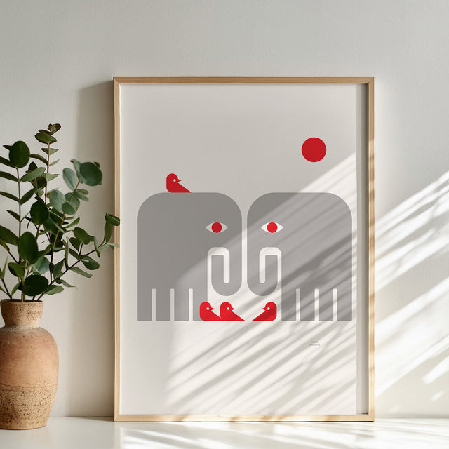 Gray Elephants and Birds