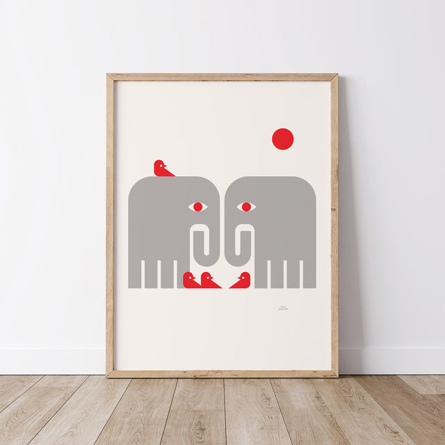 Gray Elephants and Birds